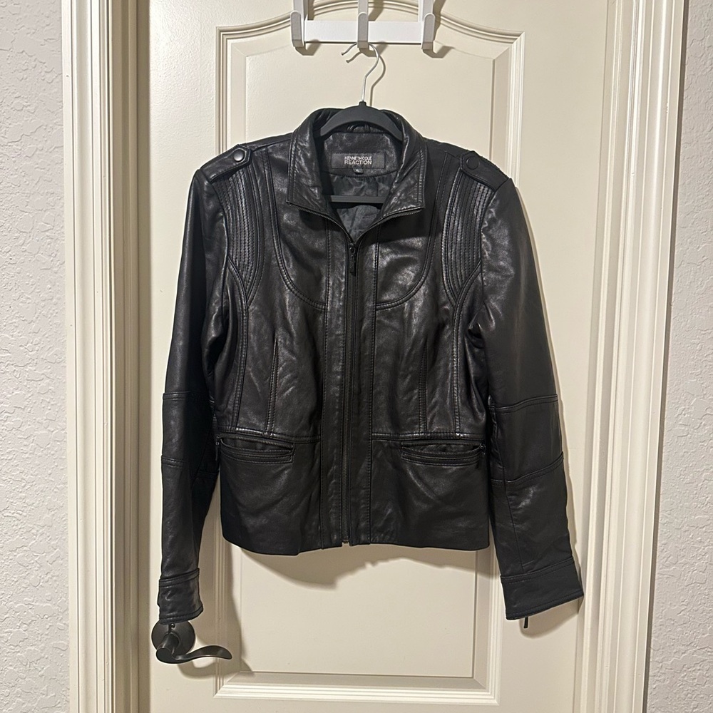 Kenneth Cole Reaction 100%‎ Leather Black Moto Lined Jacket Women’s Size XL